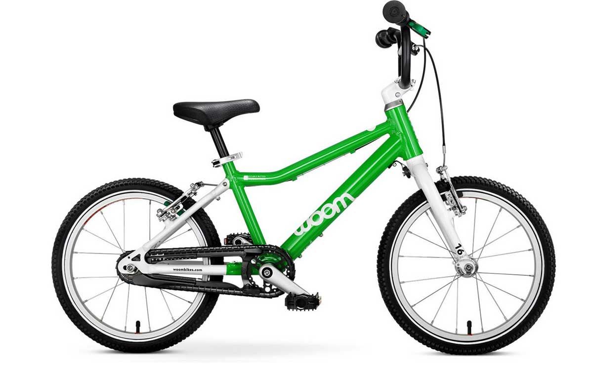 Beispiel: Woom 3 Kinderrad - grün  Rad 16" - 5,3 kg (ohne Pedale),  Kind  4 - 6 Jahre, 105 - 120 cm