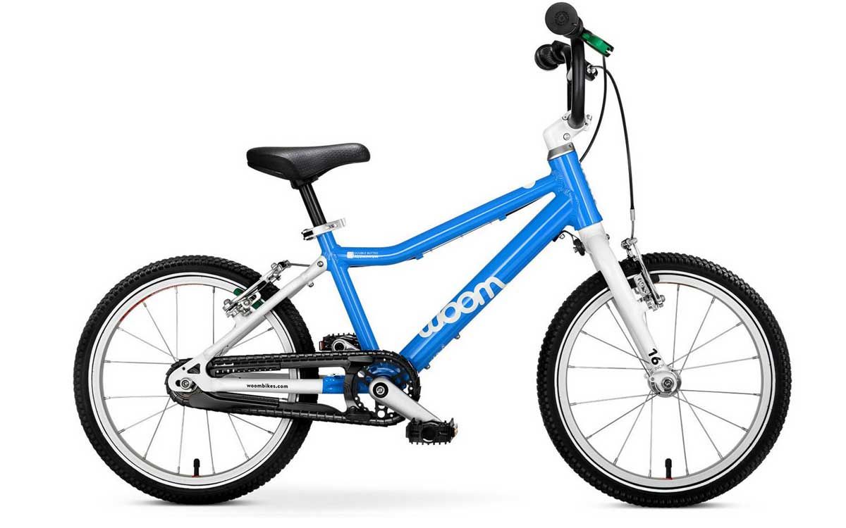 Beispiel: Woom 3 Kinderrad - blau  Rad 16" - 5,3 kg (ohne Pedale),  Kind  4 - 6 Jahre, 105 - 120 cm